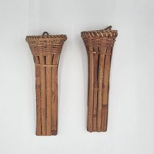 Vintage Natural Handwoven Burnt Bamboo Wall Pocket Pair of Rattan Style Sconces